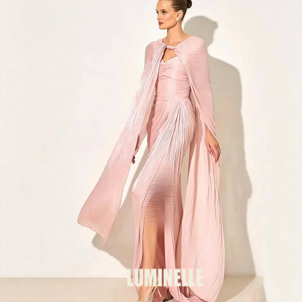 Flowy Pink/Sky Blue Mermaid Prom Dresses Cap Sleeves Party Gown Shimmery Side Slit Floor Length Evening Dress Customized