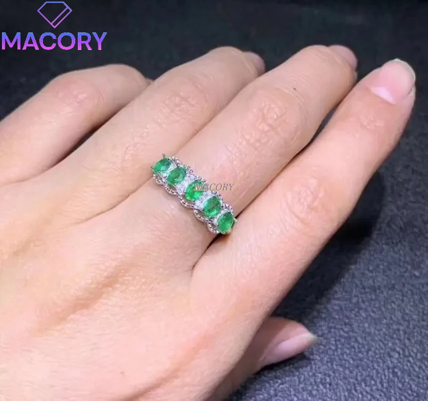 

925 Silver Natural Emerald Fine Ring 3x4mm Low Profile Classic Fashion Fine Jewelry Accessories Festive Jewelry