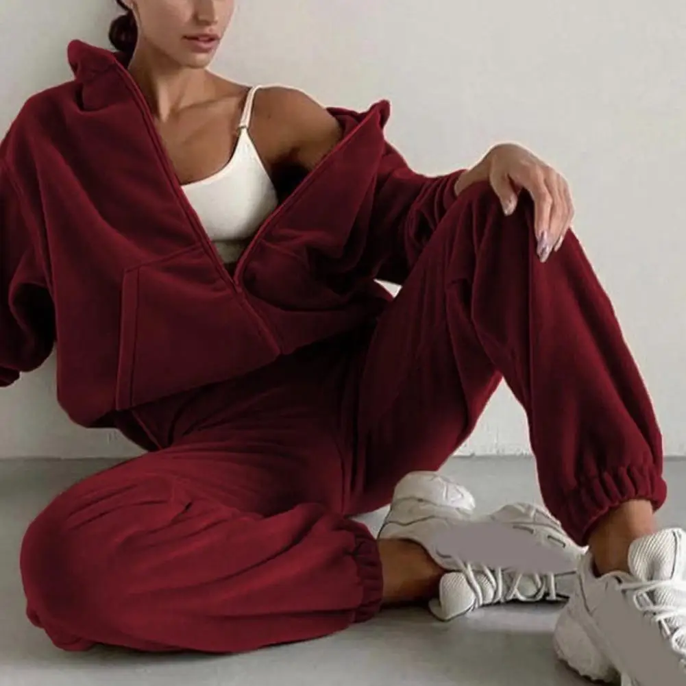 

2Pcs/Set Casual Outfit Simple Women Hooded Loose Fit Casual Tracksuit Cold Resistant Jogging Coat Pants