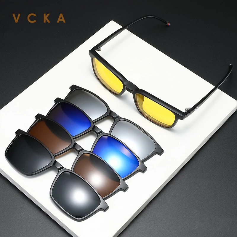 VCKA 5 Clips Magnet Sunglasses Lens Men Myopia Driving Glasses TR90 Frame Customize Prescription -0.5 TO -6.0 Women Eyewear