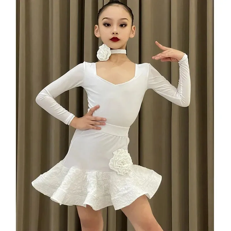 

2025 Autumn and Winter New Latin Dance Dress Children's Training Dress Girls Dance Dress White Simple Long-sleeved Suit