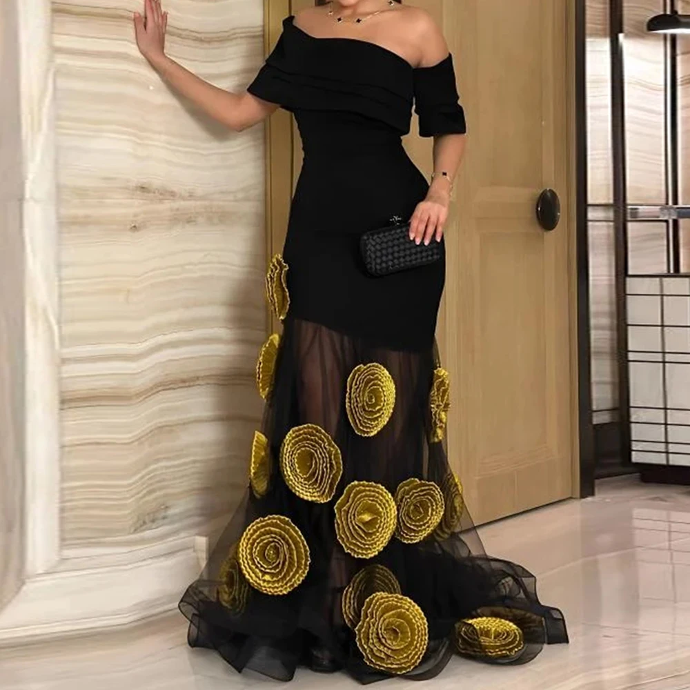 

Customized 3D Flowers Evening Dresses 2026 for Woman Mermaid Off Shoulder Luxury Party Dress 2026 Net Black Long Prom Gowns