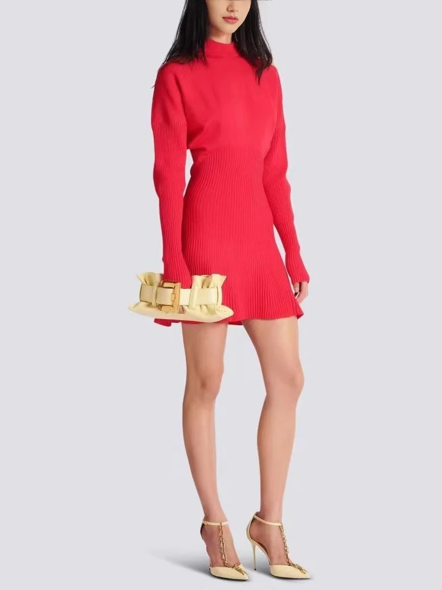 

Элегантное вязаное платье с длинным рукавом и круглым вырезом, в парижском стиле, с золотистыми элементами, модное, приталенное, повседневное, для прогулок по городу