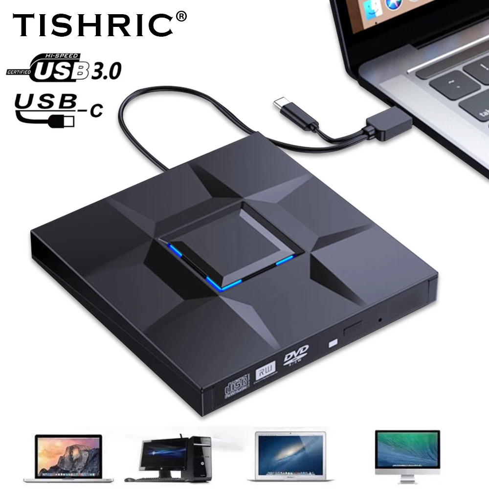 TISHRIC USB 3.0 Type C External CD DVD Drive RW Optical Drive DVD Burner DVD Writer For Laptop PC Dvd Burner Dvd Portatil