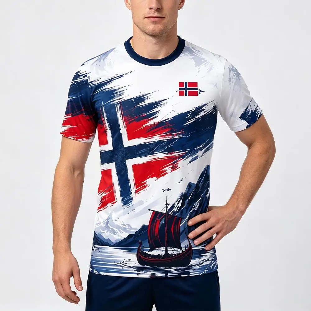 New Norway Flag Print Soccer T-Shirt Snow Mountain Pattern Breathable Training Jersey Unisex Sports Quick Dry Casual O-Neck Tops