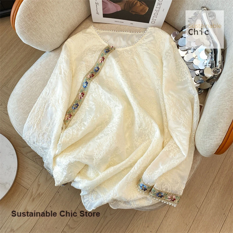 Nouveau design chinois sens perlé jacquard brodé dentelle blouse femmes printemps et automne mode à manches longues haut sens blouse
