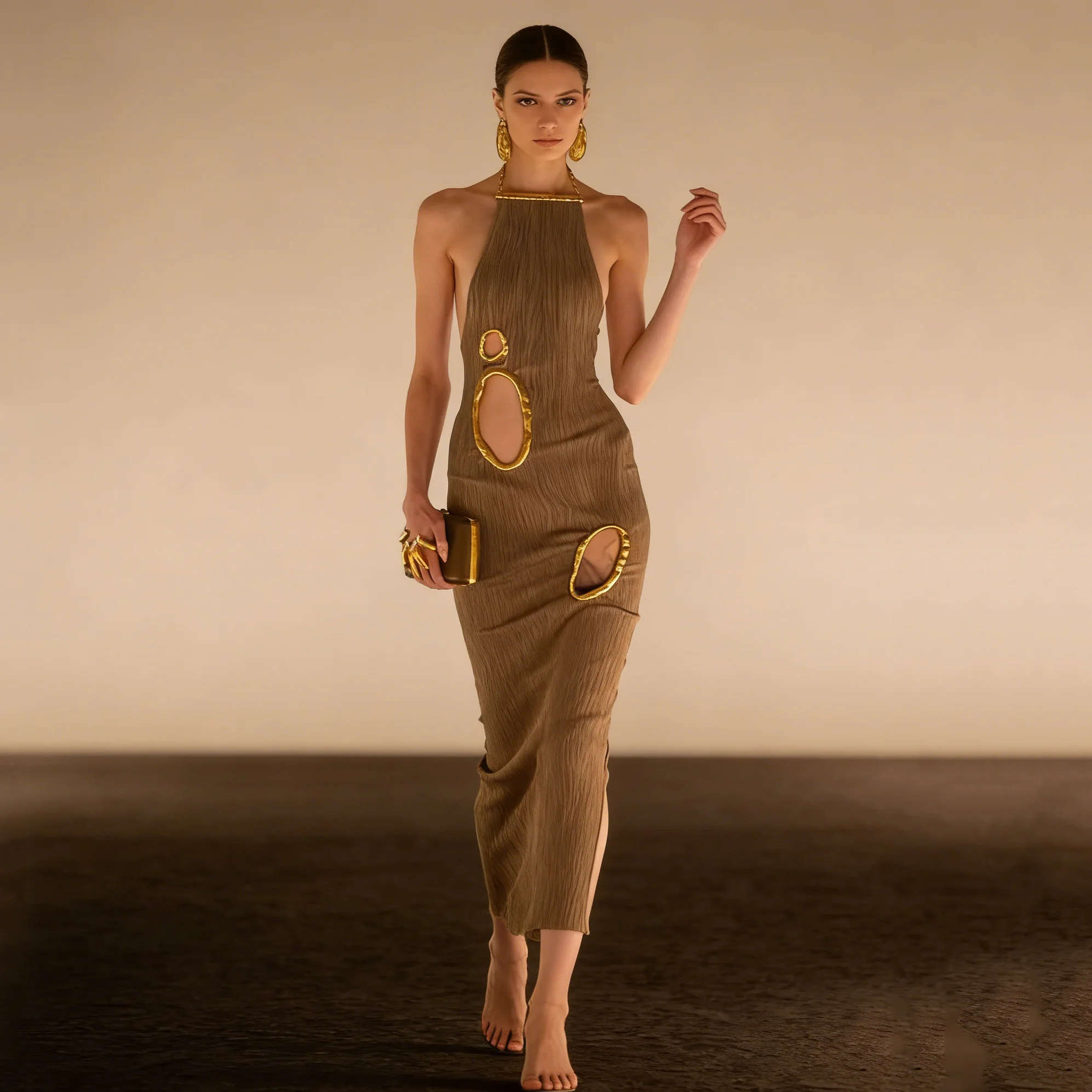 Vestido Midi CiCi 2026 para Mujer, Cuello Halter, Detalle de Recorte Dorado, Tela Texturizada, Abertura Lateral, Silueta Ajustada, para Fiesta o Cóctel