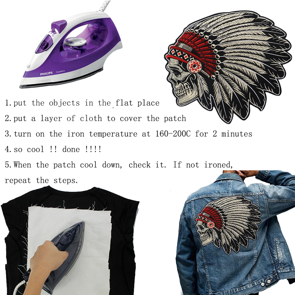 Feathered Indian Head Death Skull Embroidered Iron on Patch Embroidery Native Ethnic Retro Skeleton Applique Badge Accessories