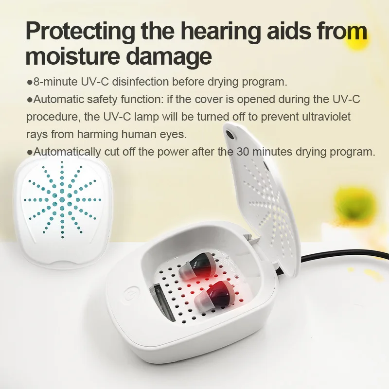 Special electronic dryer for hearing aids, used for dehumidification, care, and maintenance of hearing aids to extend their life