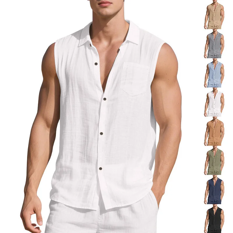 

Loose Linen Sleeveless Open Cardigan Beach Shirt for Men Casual Flip Collar Summer Fashion Crossbody Thin Short Sleeve Pure C...