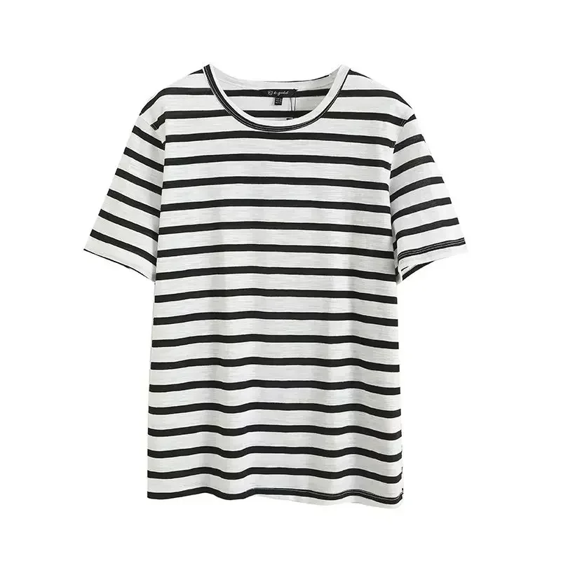 Women's basic casual O-neck short-sleeved women's cotton T-shirt loose striped T-shirt street sweater women's coat