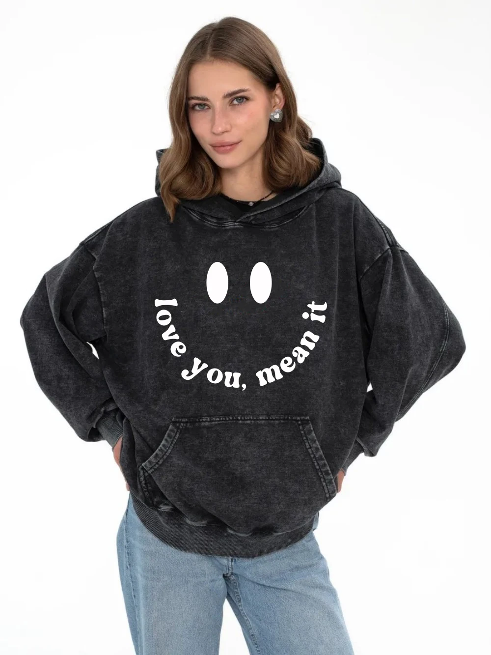 

Vintage Womens Acid Wash Hoodies I Love You Mean It Letter Prints Pullovers Pocket Oversize Cotton Hooded Fashion Female Tops