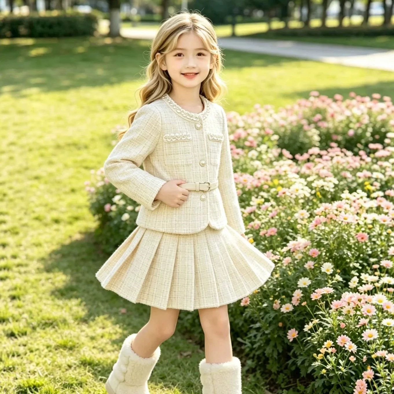 Autumn Children Girls 2PCS Clothes Set RAISE 3-8Yrs Kids Girls Shiny Coat with Belt Suits Ltoddler Girls Pleated Skirts Outfits 2