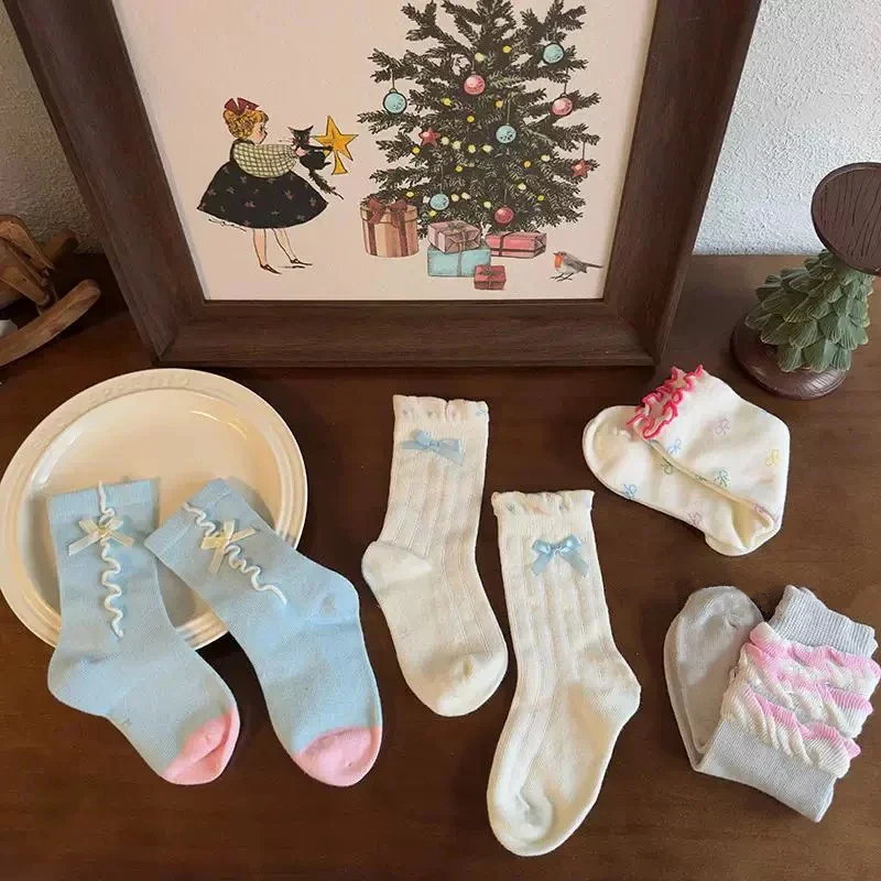 

Trendy Cotton Kids Girls Ankle Socks 4 Pairs Gossip Bow Ties Cute Sweet Soft Comfortable Non-slip Children's Socks For Girls