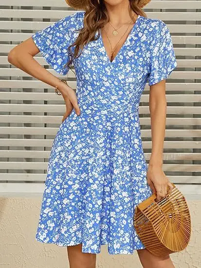 

2025 Summer Women's Floral Print Dress High Waist Pleated Elegant Short-sleeved Wrap Party Causal V-neck Beach A-line Mini Skirt