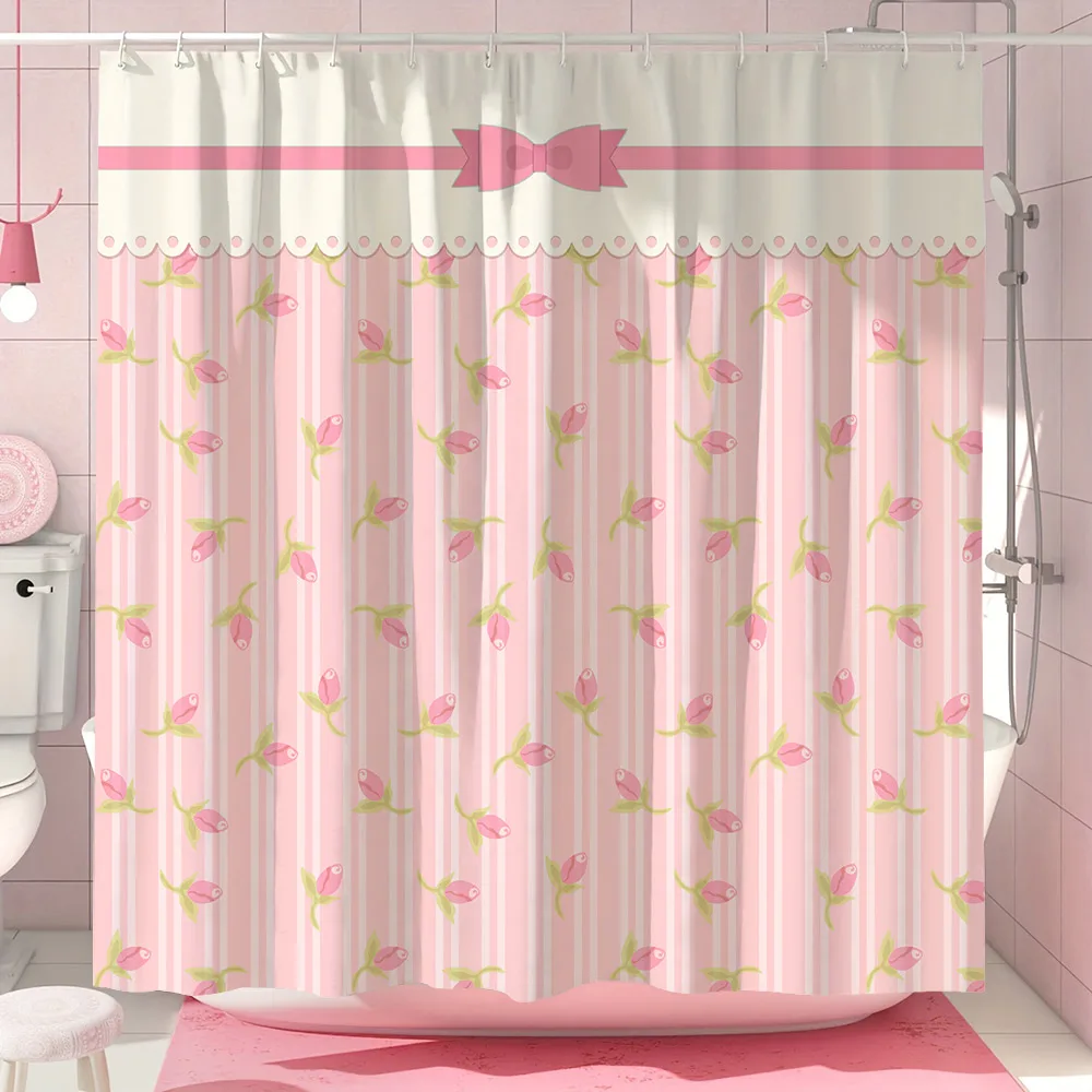 Cute Pink Bow Shower Curtain Simple European Lace Stripe Minimalist Modern Polyester Shower Curtains Bathroom Decor with Hooks