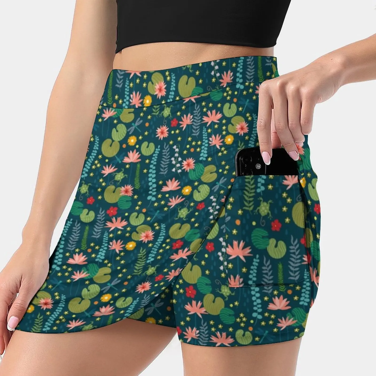 Lily Pad Women's skirt Mini Skirts A Line Skirt With Hide Pocket Summer Water Lily Frogs Dragon Fly Nature Pattern Floral