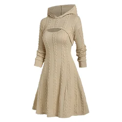 Light Yellow Autumn Winter Fashion Long Sleeve Cable Knit Arm Mini Sweater A Line Dress For Women