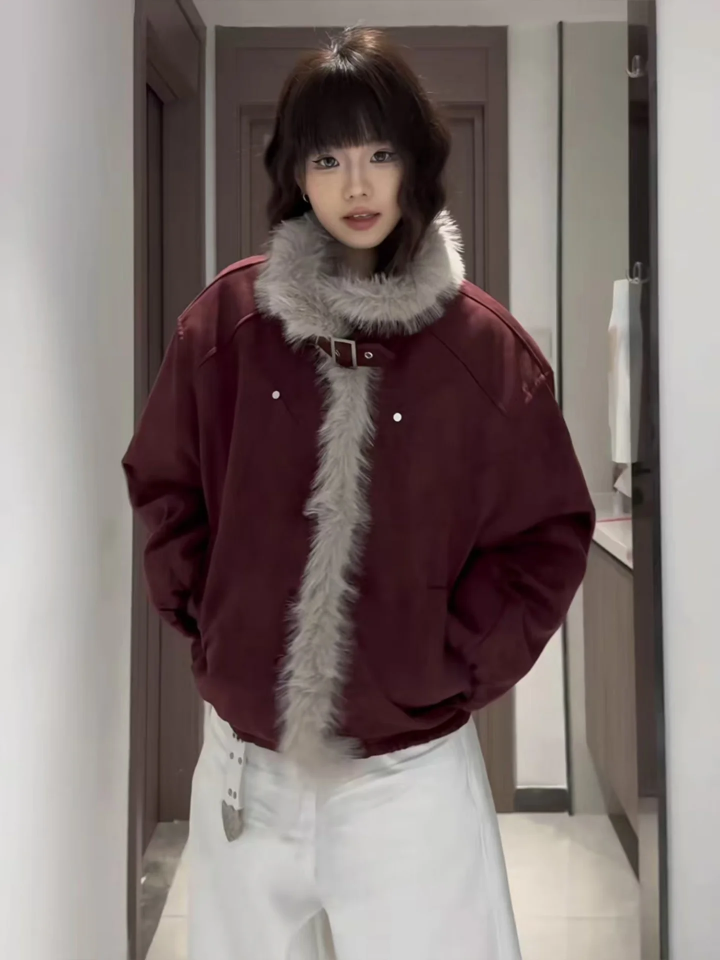 

Red Wine Color Mountain Eagle Fur Collar Jaet Cotton Clothes Men's Winter ort Quilted Warmth Stand Fit round Hem Zipper