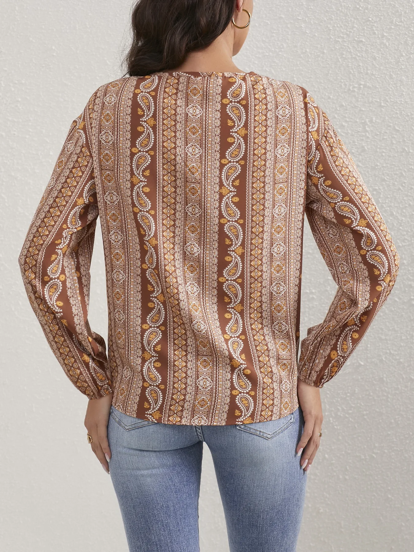 Ladies Paisley Print Tied Crew Neck Blouse Casual Long Sleeve Blouse Women Tops Shirts