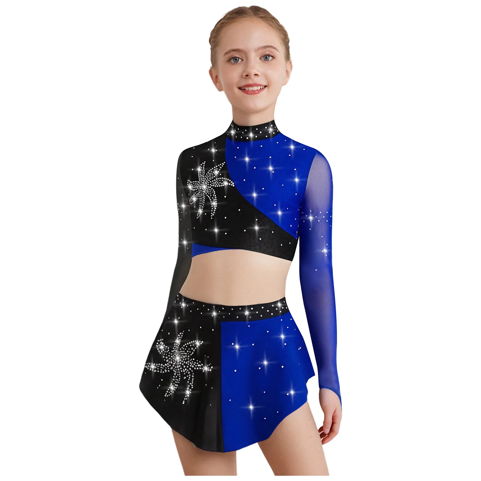 

Kids Girls Lyrical Ballet Ballroom Dance Costume Sheer Mesh Long Sleeves Crop Top with Skirt for Figure Skating Performance Wear