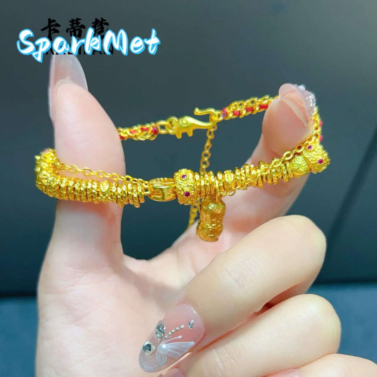 

SparkmetLuxury Jewelry 9999 24K real gold Fuzi peanut dish bracelet high-end design Chinese style red bracelet