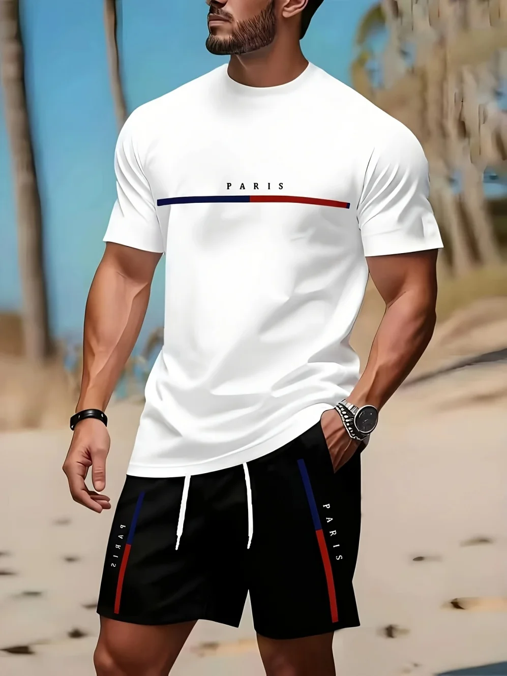 

2026 Fashion Simple Solid Color Printed Set Summer Mens Street Harajuku Style Sports Gym Short Sleeve and Short Man 2 Piece Set