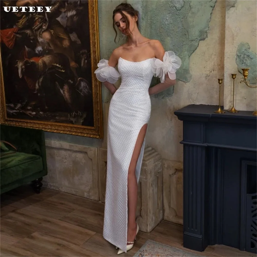 

UETEEY Customized Sexy Off Shoulder Lace Mermaid Wedding Dress For Women High Slit Zipper Back Floor Length Bridal Gown