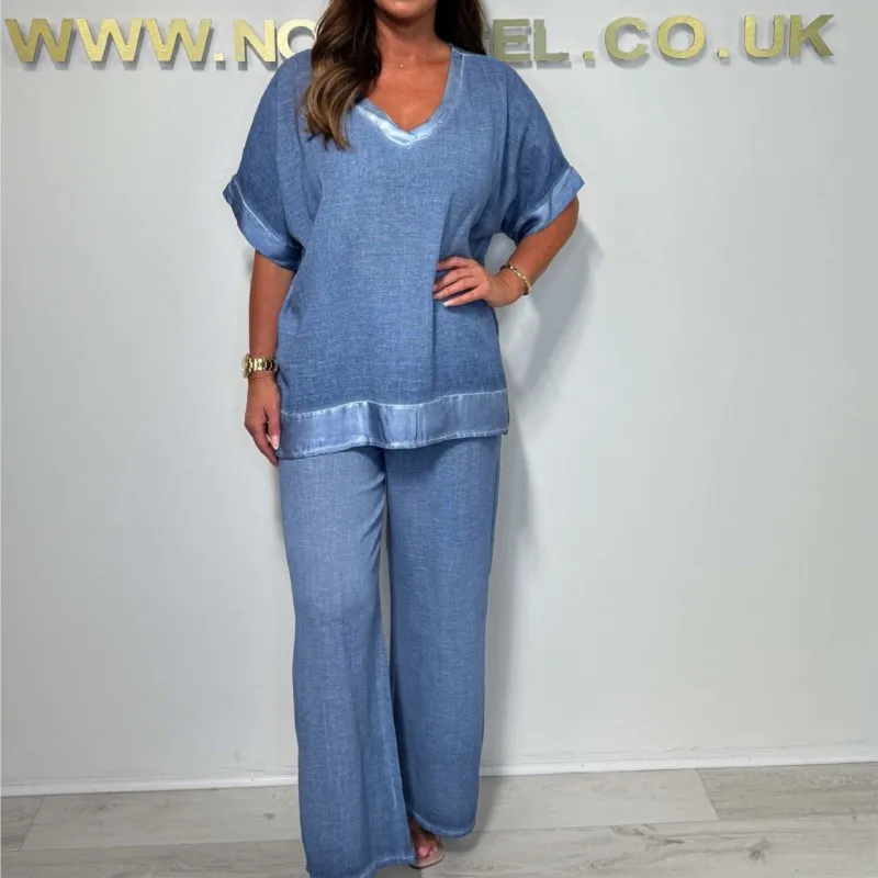

Loose Casual Women Pants Set 2026 Summer V-neck Short Sleeved Splicing Pullover Top + Long Pants Set New Women Clothing