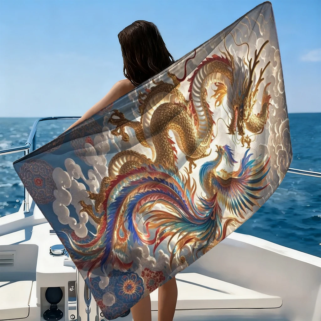 Traditional Chinese Dragon and Phoenix Beach Towel Quick-drying Towel Suitable for Seaside Pool Camping Yoga For Family Friends