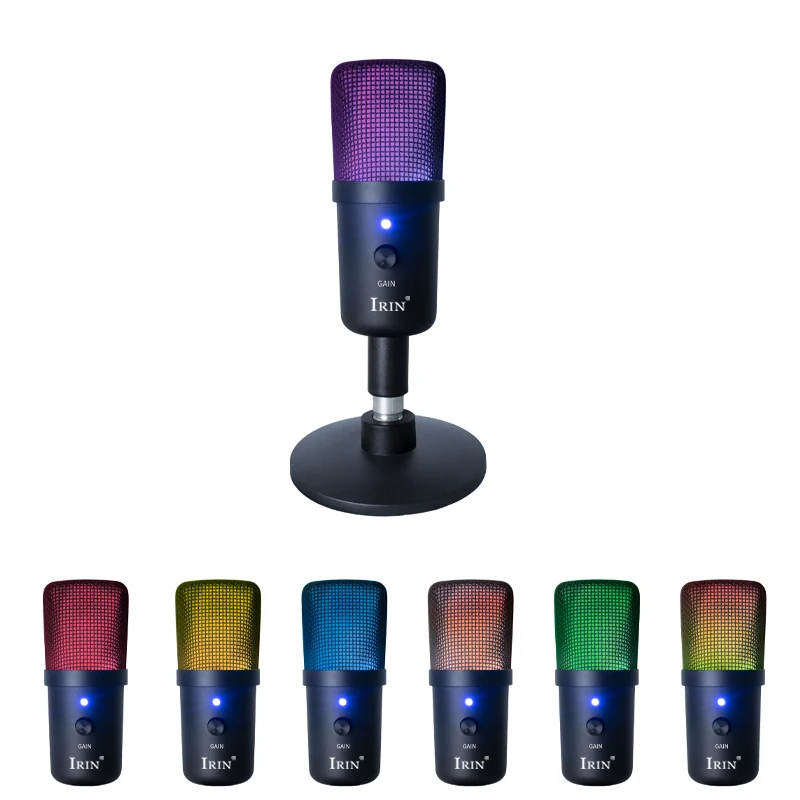 IRIN RGB Gaming Microphone – Metal Mesh Head USB Condenser Mic with Volume Control Mute Button & Multi-Angle Adjustable Base