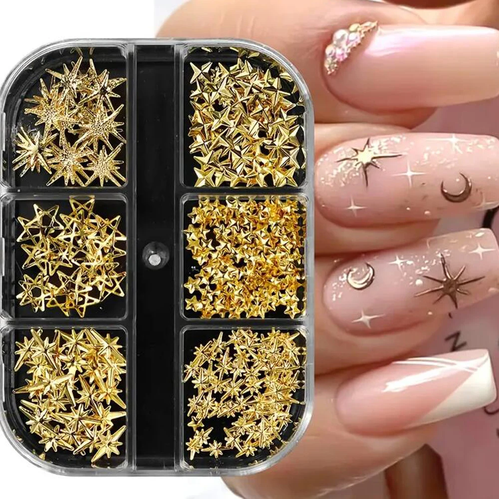 6Gird 3D 골든 스타라이트 라인스톤 네일 아트 참 리벳 스터드 스파클 스타 주얼리 펑크 합금 리벳 매니큐어 액세서리