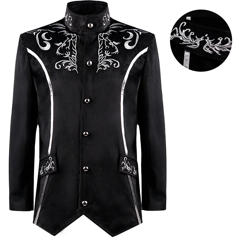 

Man Medieval Vintage Stand-up Collar Embroidered Black Coat