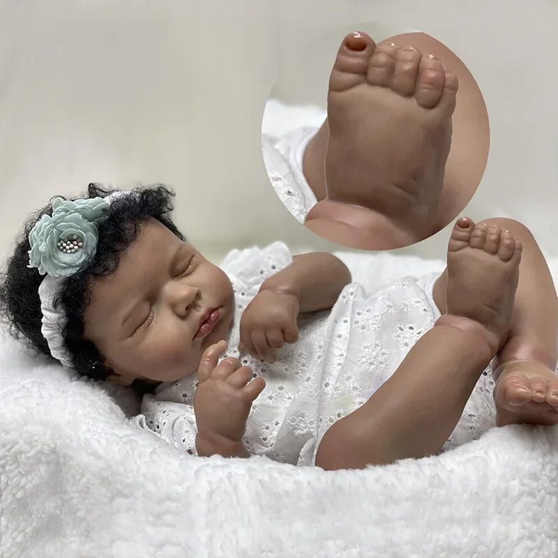 19inch Reborn Baby Doll Asleep Loulou with Black Curly Hair Handmade African American Baby Dolls Muñecas Bebe Reborn Juguetes