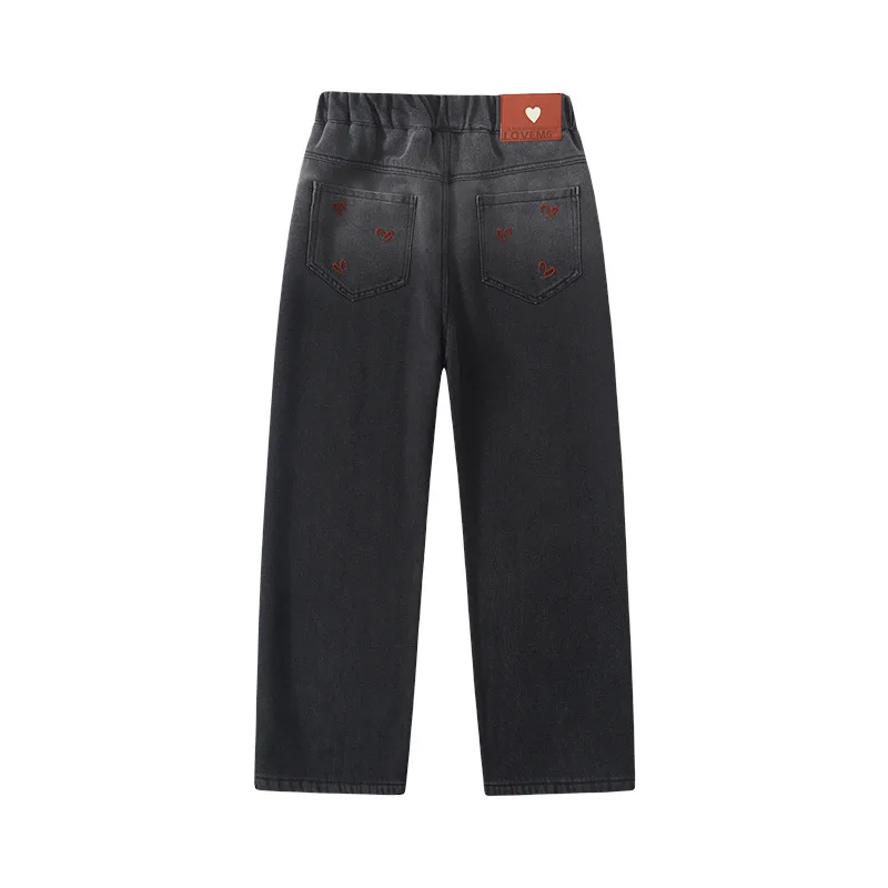 الشتاء فتاة عيد الميلاد معزول الجينز مع التدرج القلب التطريز للأطفال الدافئة الدنيم السراويل الأطفال السراويل مبطنة بالصوف