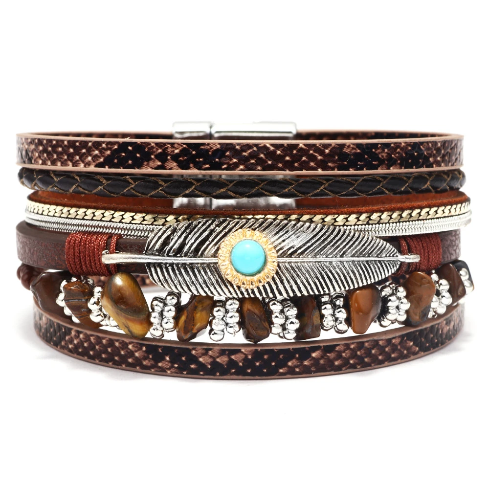 Stylish Vintage Feather Magnet Buckle Bracelet Natural Stone Gravel Multi Layer Leather Bracelet for Women Luxury Jewelry