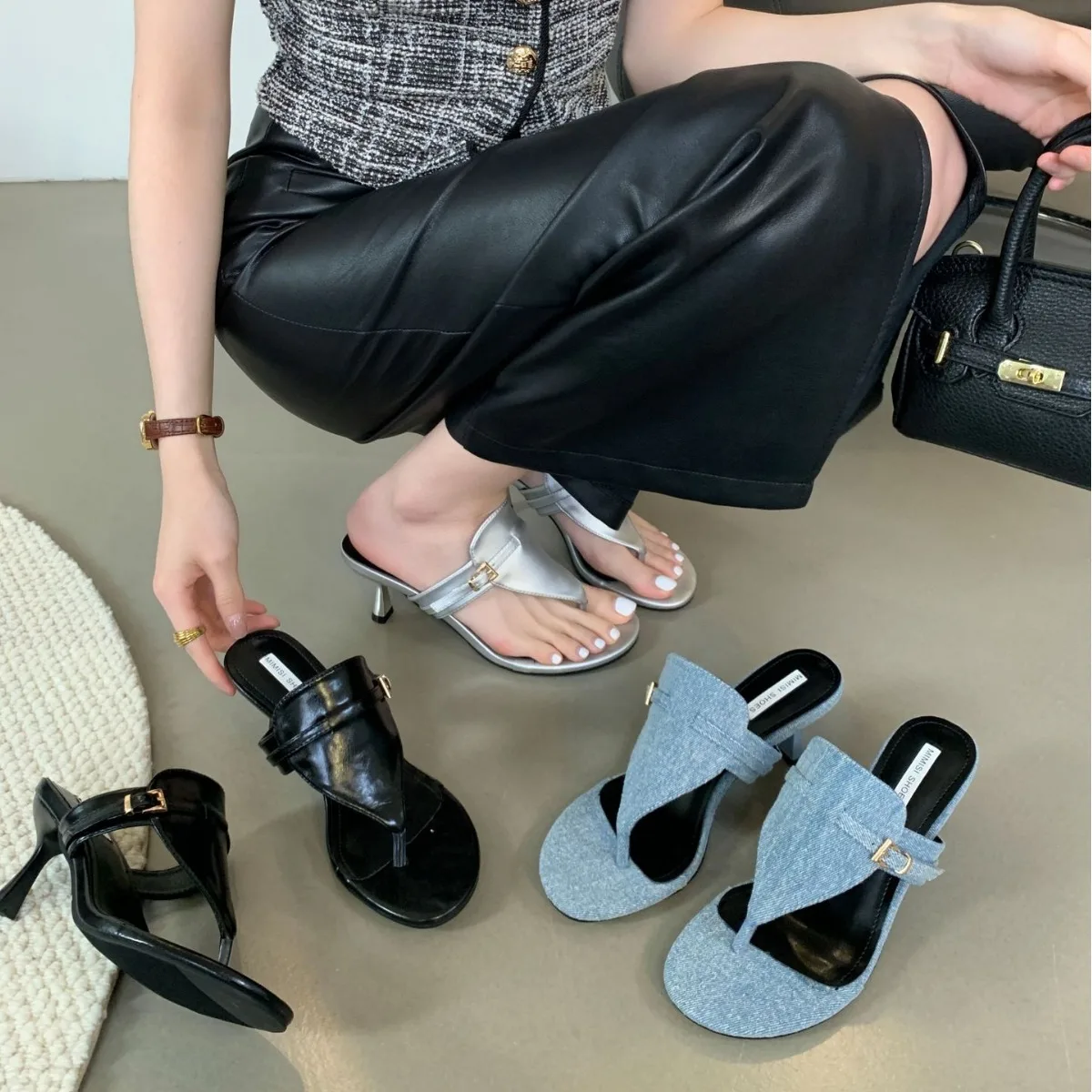 Cowboy Heeled Slippers Women Fashion Designer Sandals Female Round Head Open Toe Summer Stiletto Heel Jeans Flip Flops Women