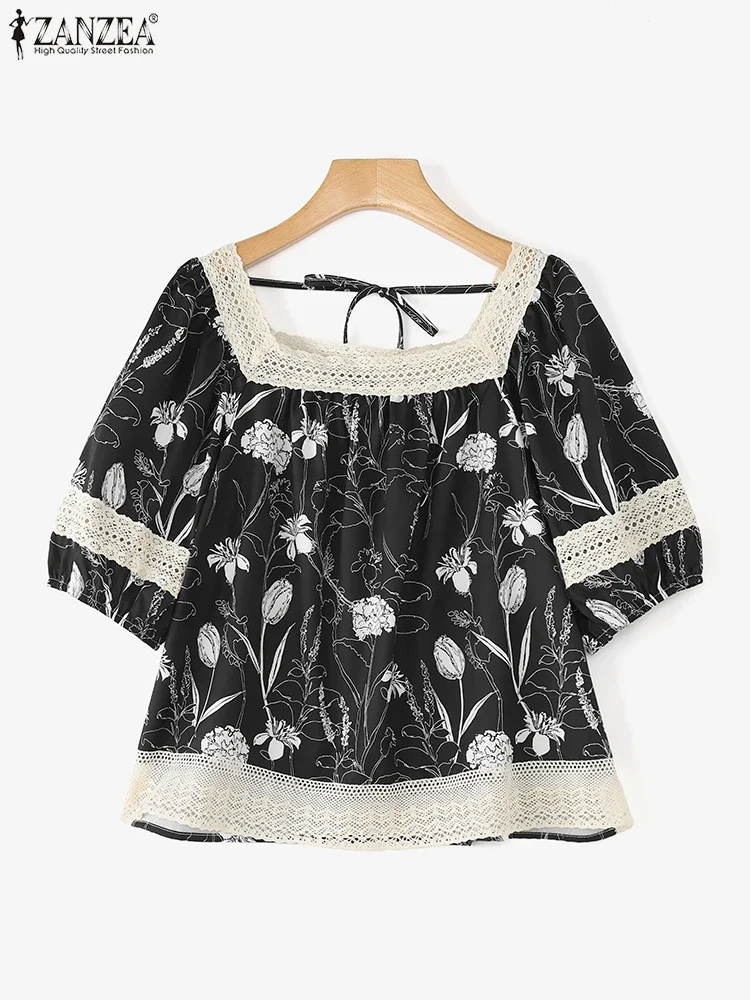 Lace Blouse Women Printed Tops Vintage Short Sleeve Tunic 2025 ZANZEA Fashion Pacthwork Blusas Casual Loose Square Neck Tops