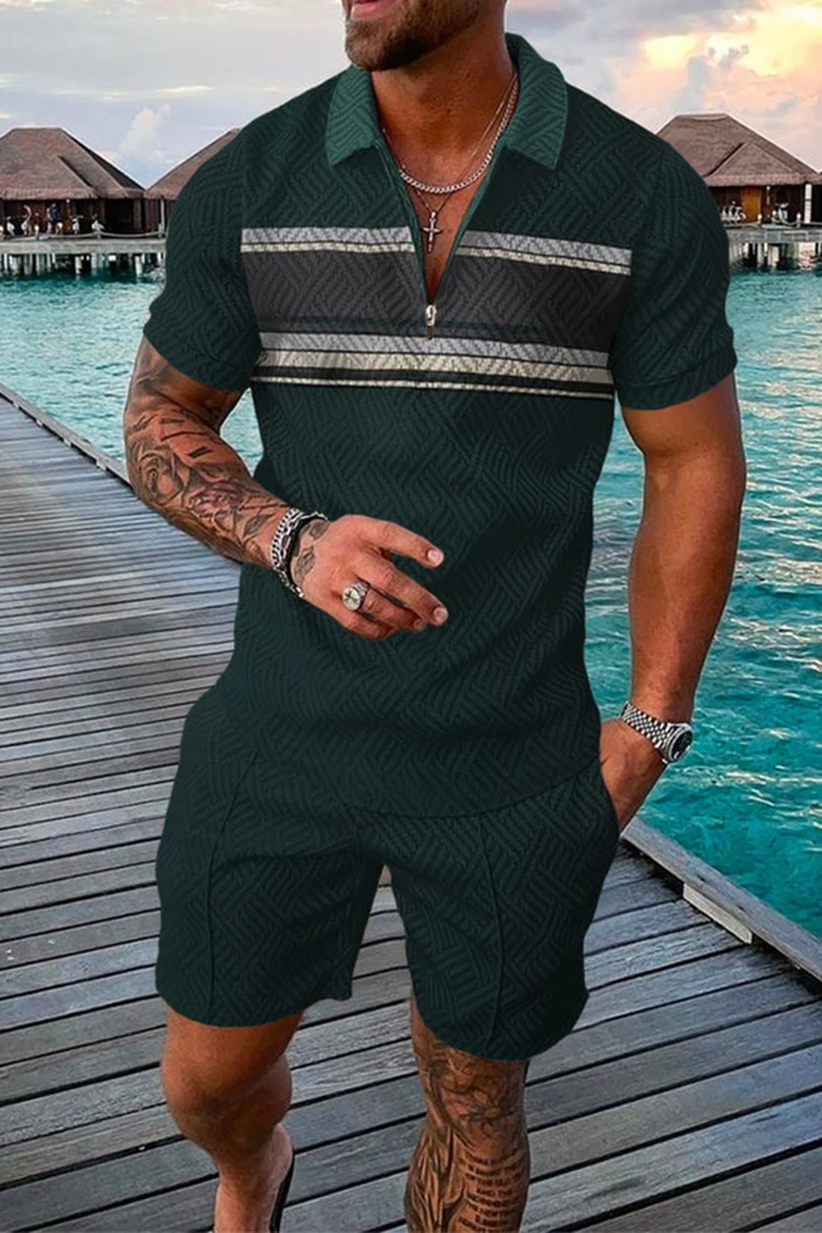 Spring and Summer Men's Suit Polyester Jacquard Craft  Casual  Fashion Black Polo Shirt   Zipper Two Piece Set