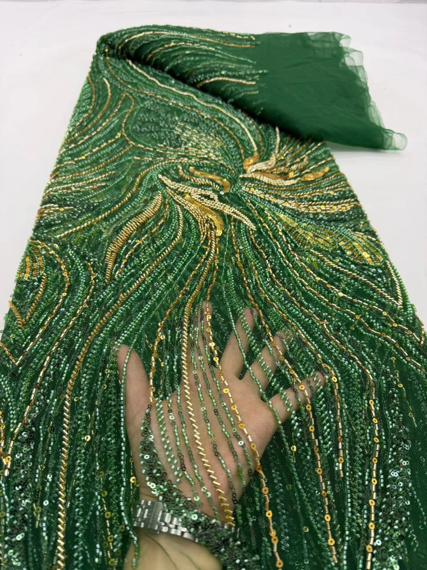 

African Nigerian 2026 High-Quality Sequins Embroidery Tulle Lace Fabric Dresses Sewing Beads Stone for Prom 5Yards DP0503