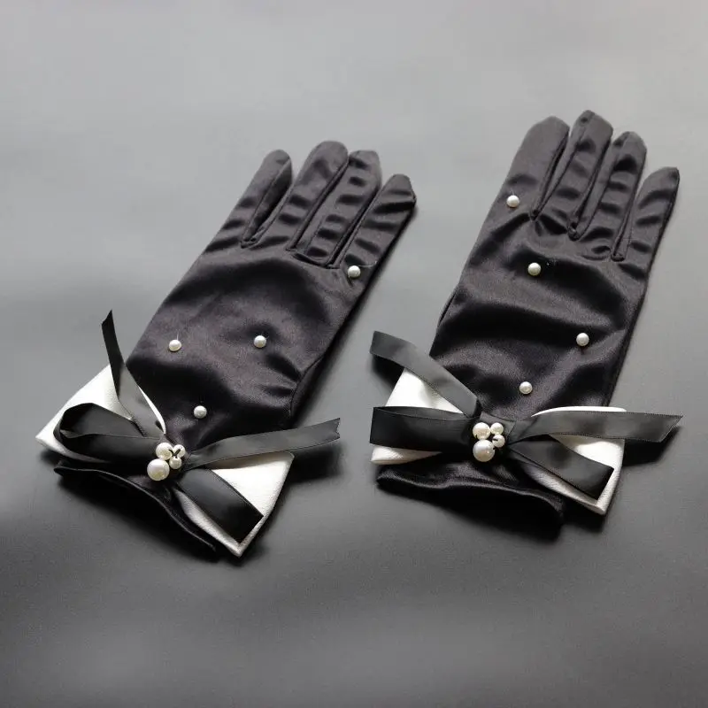 Women's Elegant Pearl Beaded Bow Black Satin Gloves Female Sexy Sunscreen Performance Dancing Party Driving Glove R1191