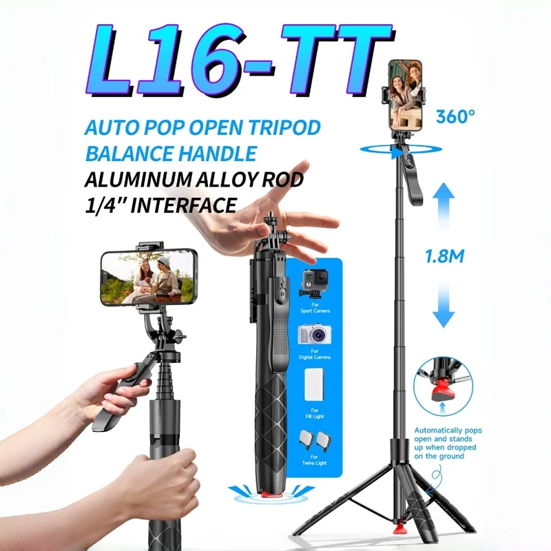 1.8 Meter Auto Pop Open Tripod Selfie Stick for Phone Camera GoPro 360 Rotating Stand with Remote Control for LIVE Vlog Video