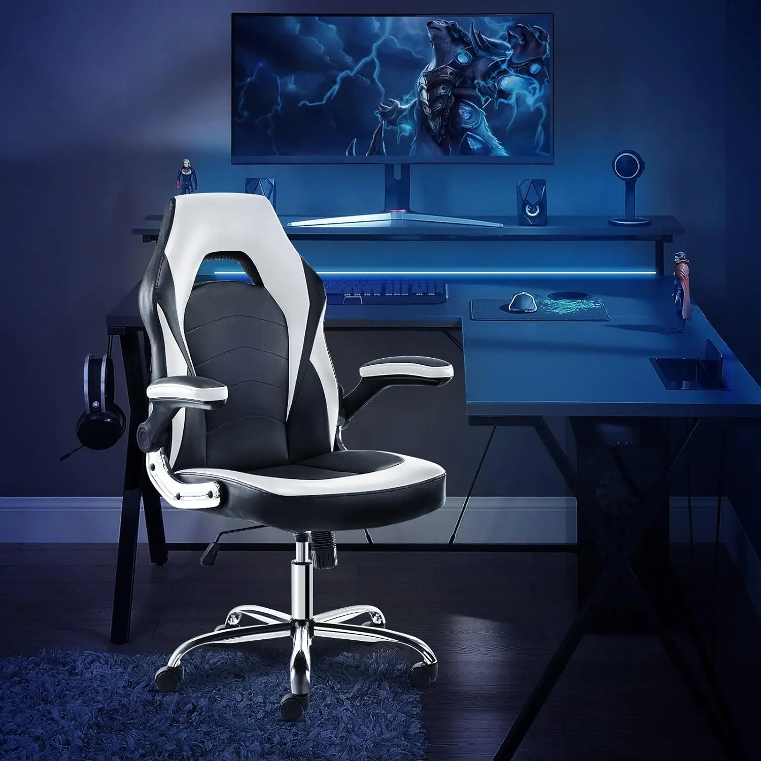 Gaming Computer Office Ergonomic Desk Chair Armrests Neck Pillow and Built-in Lumbar Adjustment, Black and White