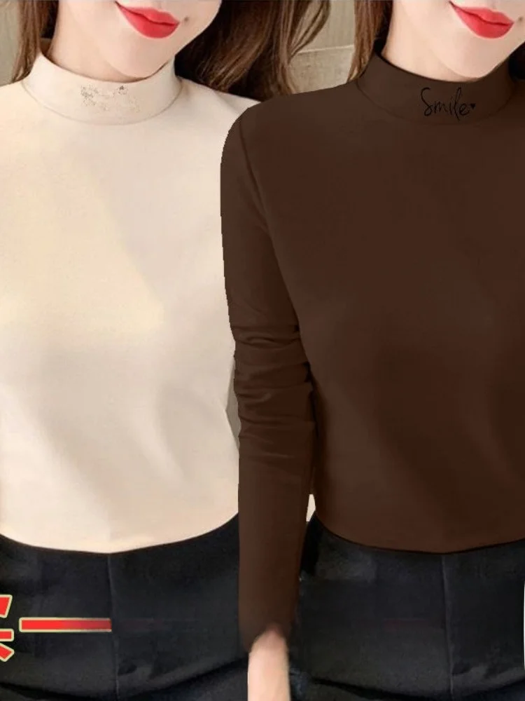 女性の長袖刺繍入りハーフハイカラーサーマルシャツ両面フリース暖かい多用途スリムフィット秋冬tシャツ