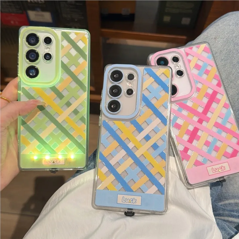 Change Color Luminous Call Light Up Flash Cute Simple grid pattern Phone Case For Samsung Galaxy S26 Ultra A35 A36 A55 A56 Cover
