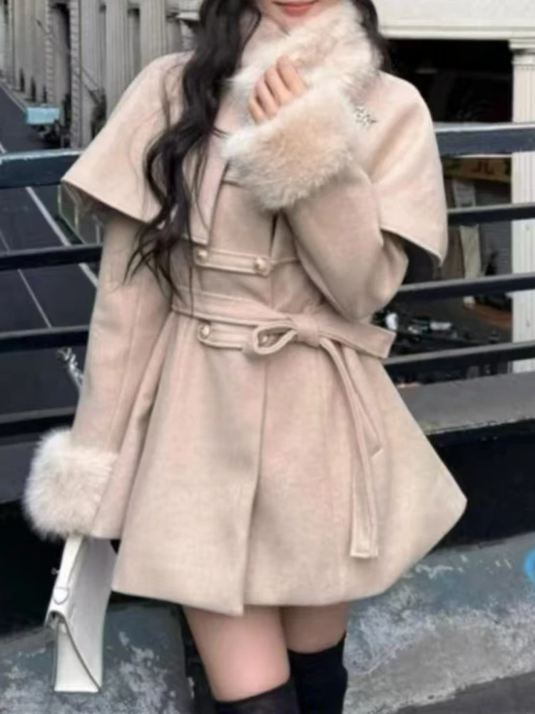 2024 Winter Korean Fashion Woolen Warm Coat Women Chic Shawl Cloak + Retro Loose Trench Coat New Design Sweet Casual Overcoat