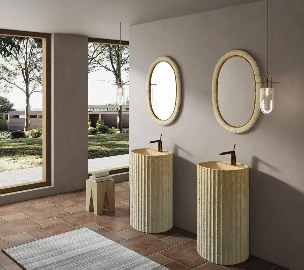 Potted Plants On StandsNew Design Oval Shape Wood And Stone Color Finished Pedestal Wash Basin For Hotel Or Homestay And Villa