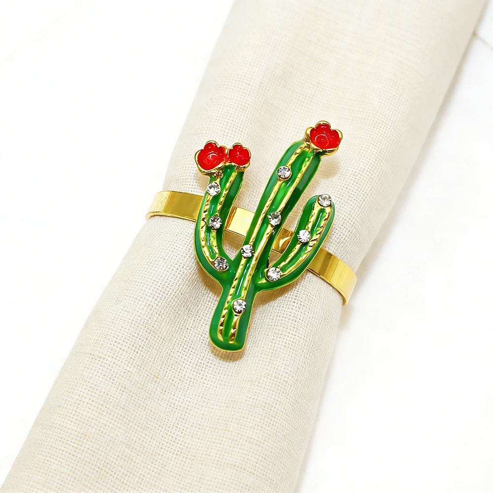 Dvianna Cactus Napkin Rings 6Pcs Green Enamel Rhinestone Napkin Holders for Wedding Party Dinner Table Decoration