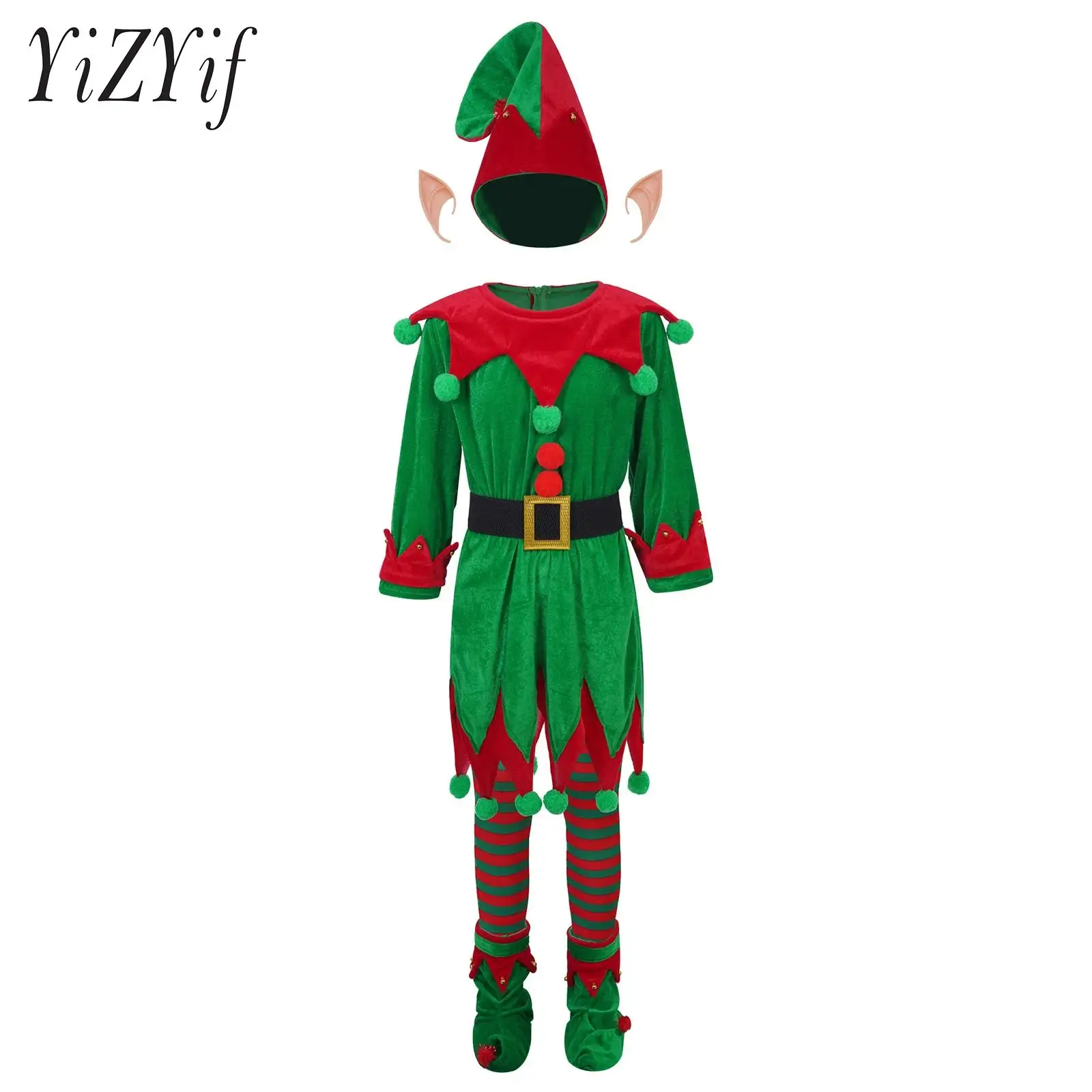 

6Pcs Kids Girls Christmas Party Elf Cosplay Costume Set Elf Ears Bells Pompoms Hat Dress Belt Shoes Covers Striped Stockings Set