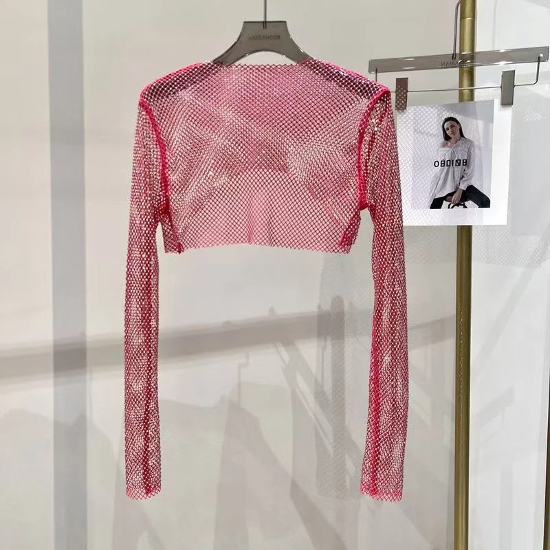 Multi Color Sparkly Mesh Long Sleeve Tops Women's Glitter Sequin Crop Tops See Through Party Club Shirt Chic Going Out Blouse